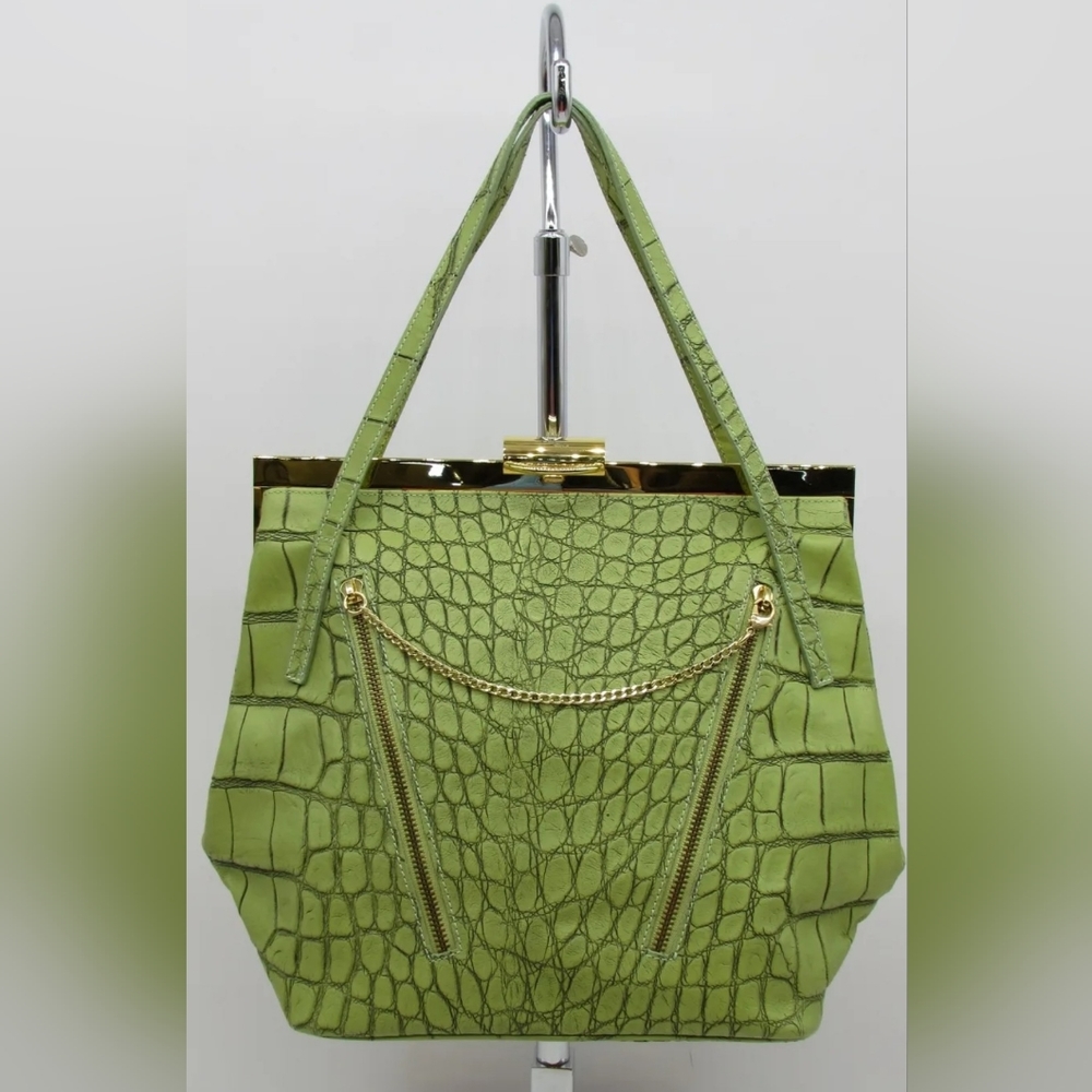 Alberta Di Canio Green Croc Embossed Leather Frame Top Handle Handbag Purse